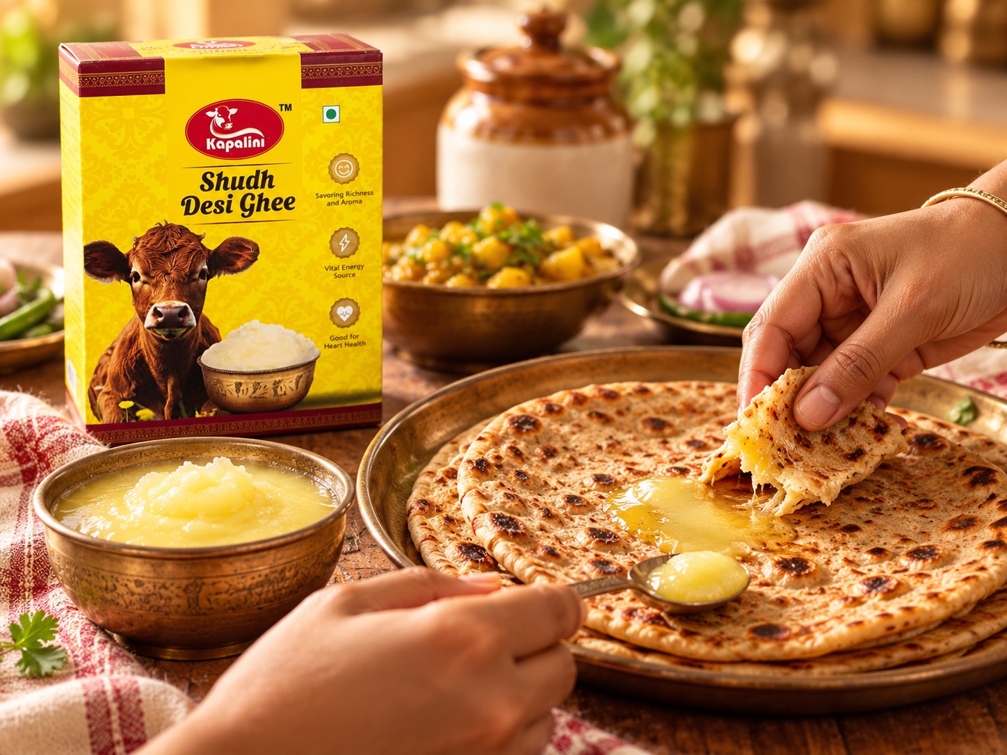 A hand serving fresh roti with Kapalini ghee at the table