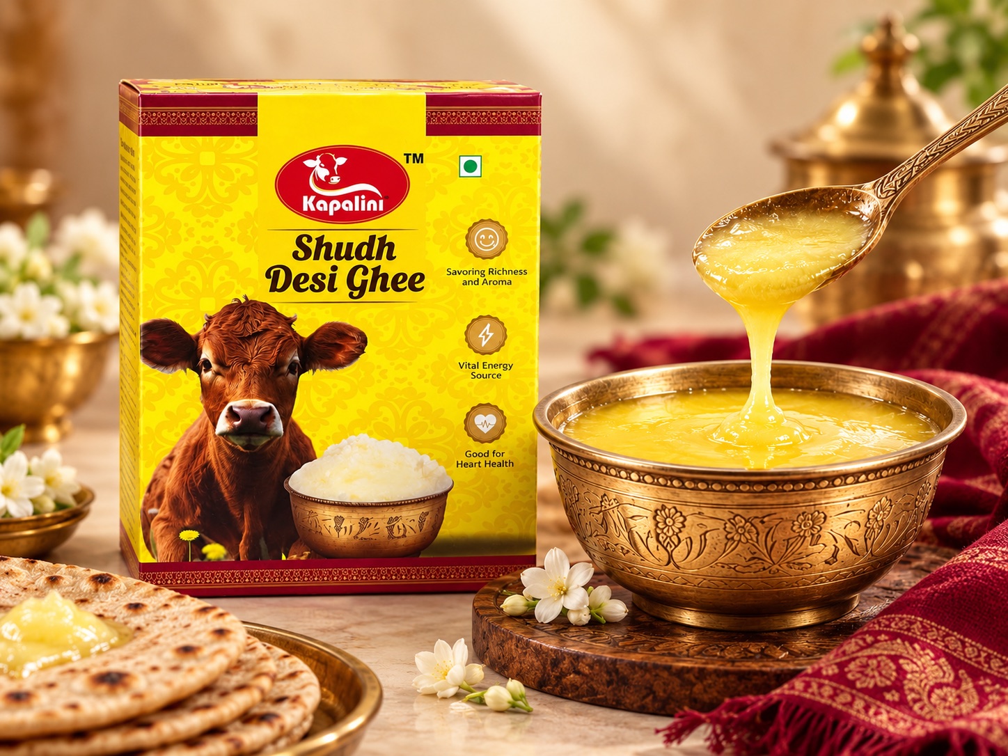Kapalini ghee carton beside a brass bowl, spoon and fresh rotis