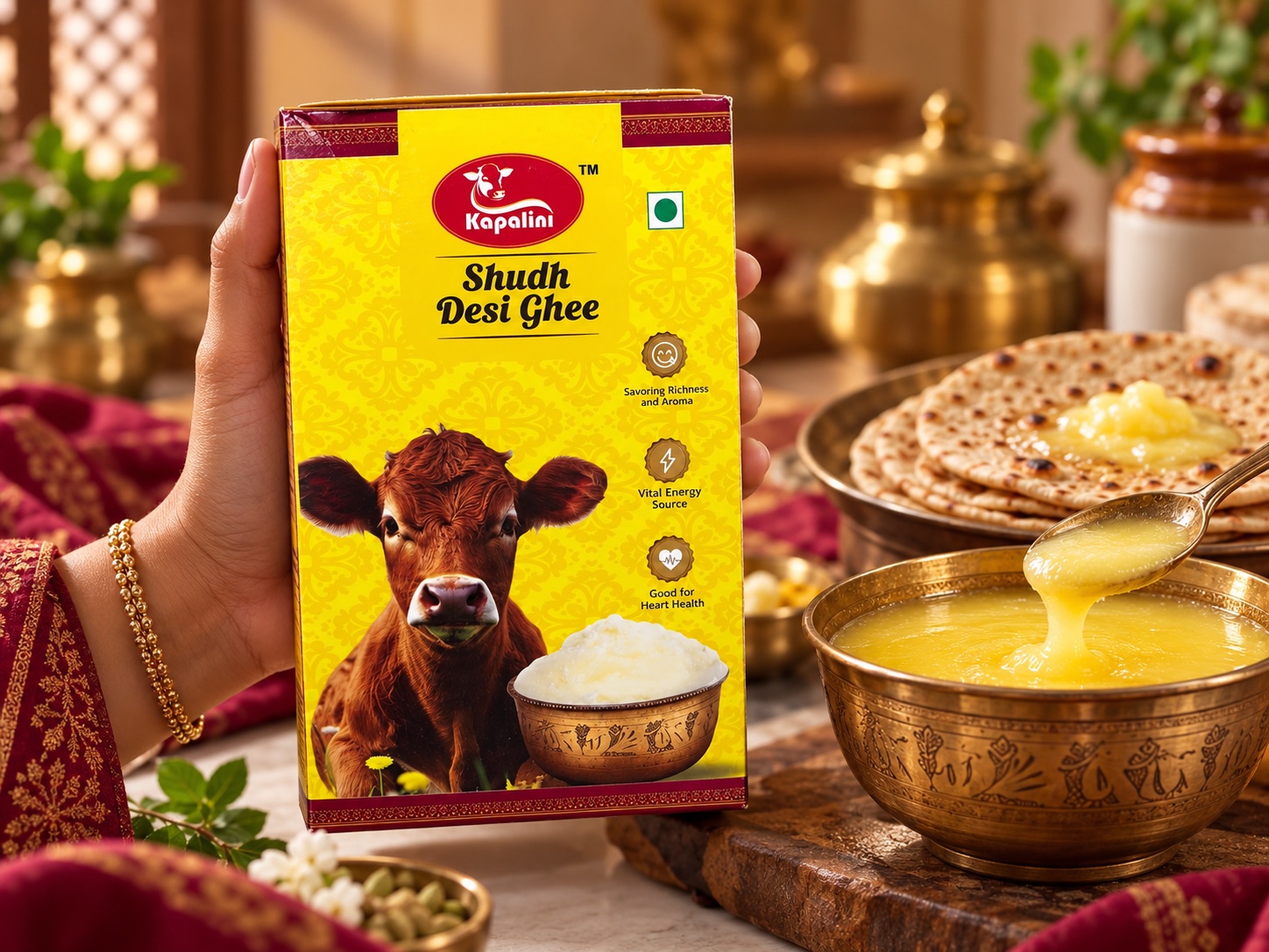 A hand holding the Kapalini carton beside rotis and a brass bowl