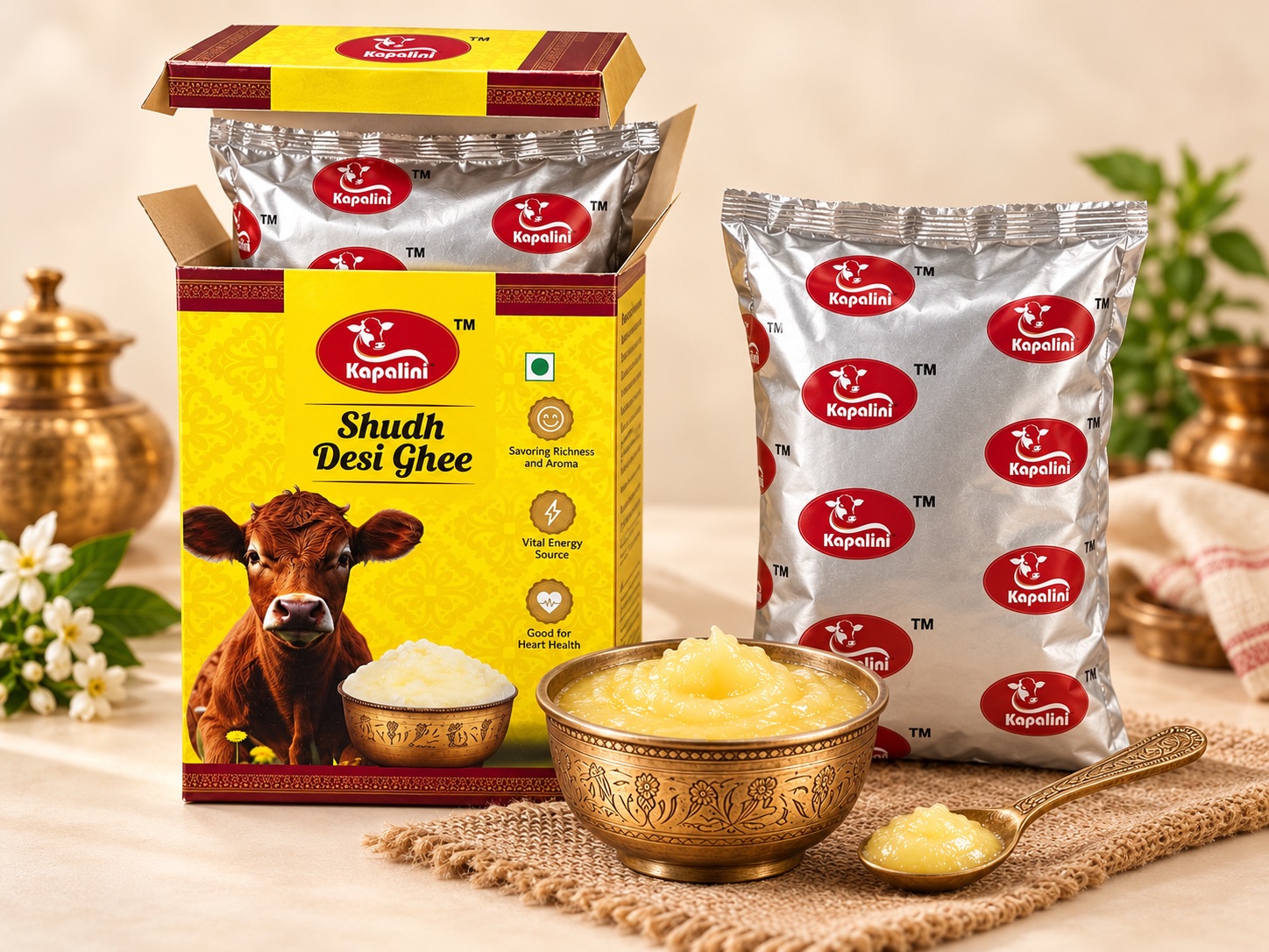 Open Kapalini carton showing the inner pouch beside a bowl of ghee