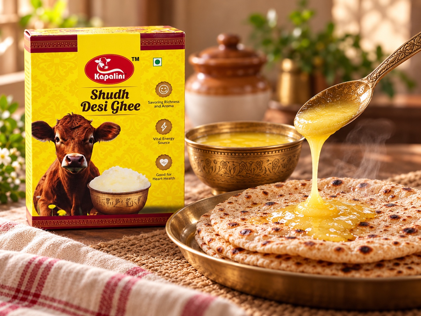Ghee being poured onto warm rotis beside the Kapalini carton
