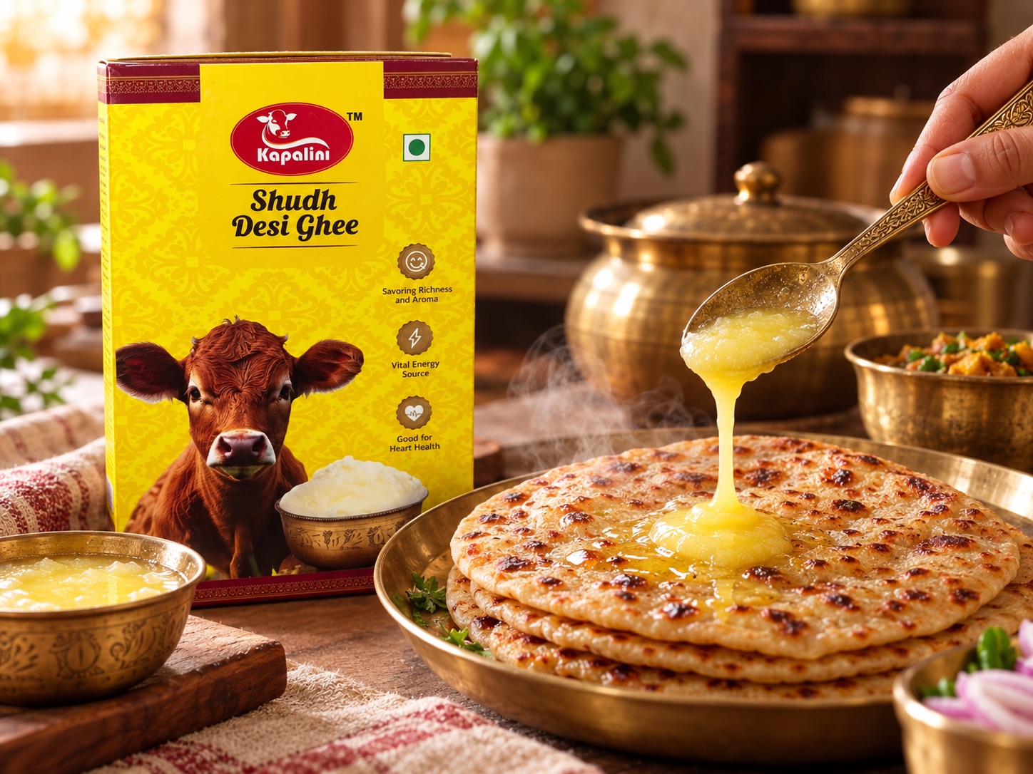 A spoon adding ghee to fresh rotis beside the Kapalini carton