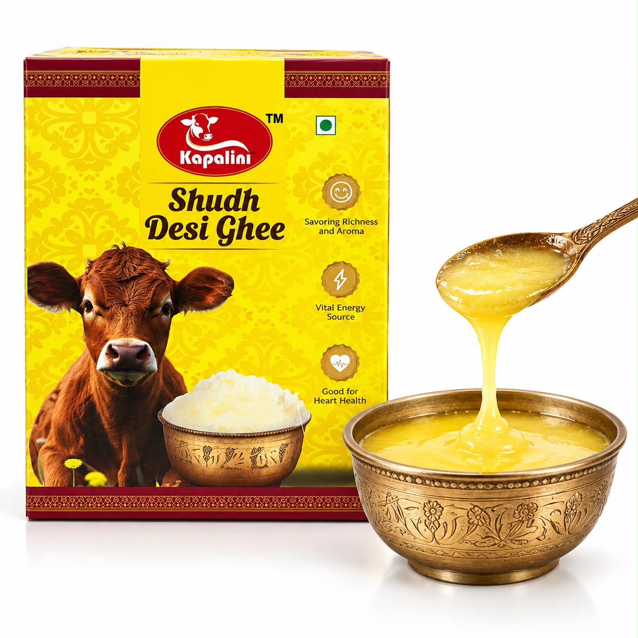 Kapalini Shudh Desi Ghee carton with a brass bowl and a spoon pouring ghee