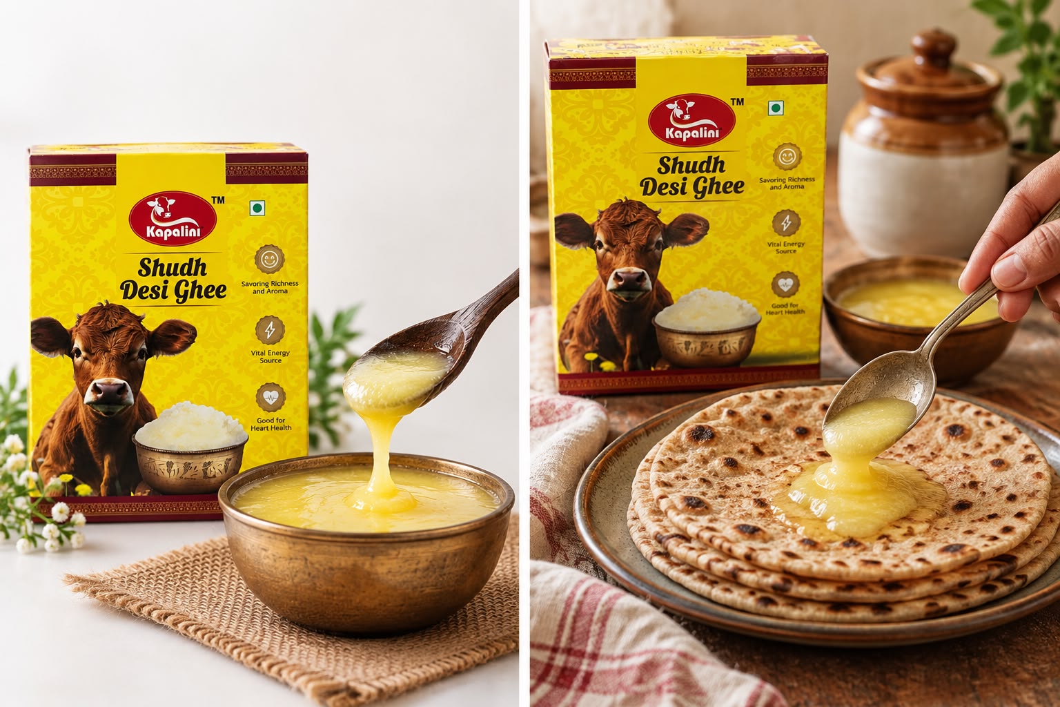 Kapalini ghee presented beside a freshly prepared roti